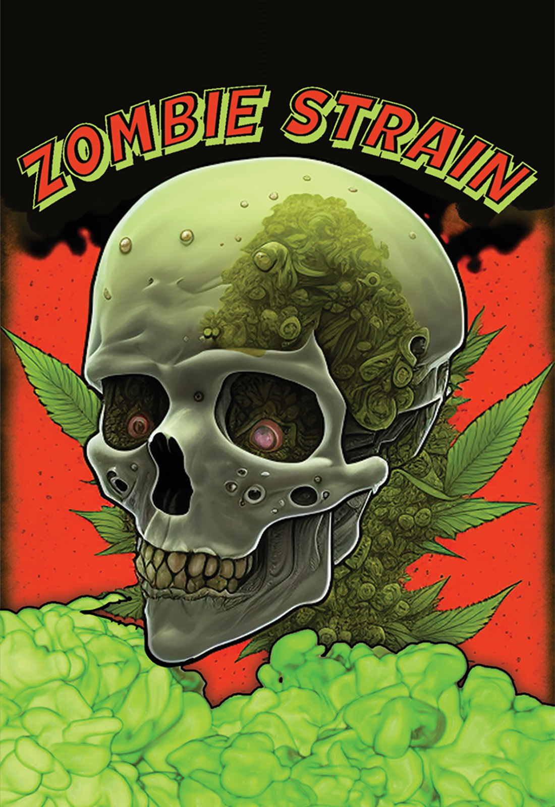 Zombie Strain official movie poster featuring a skull, cannabis leaves, and red lettering